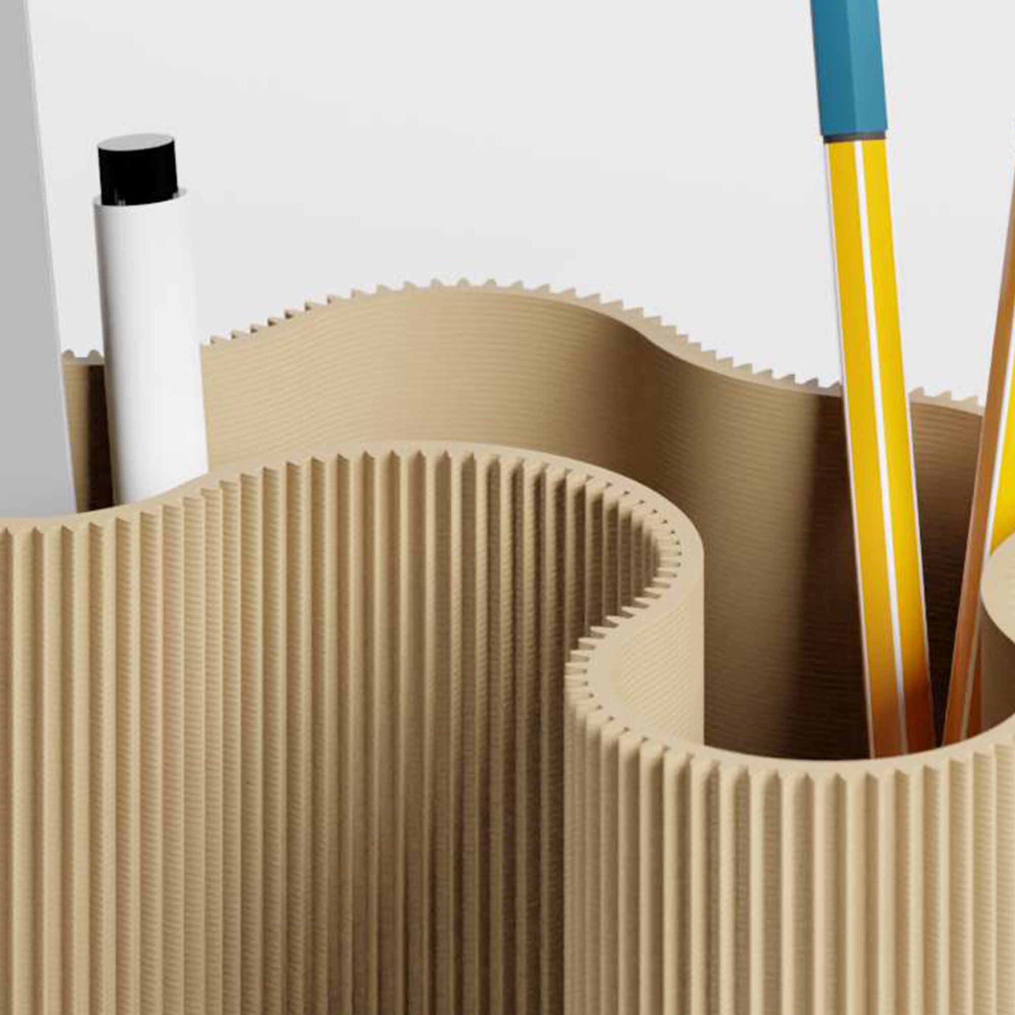 Detail der gerippten Struktur des KORALLE Stiftehalters Modul vier in beige aus dem 3D Druck #farbe_beige