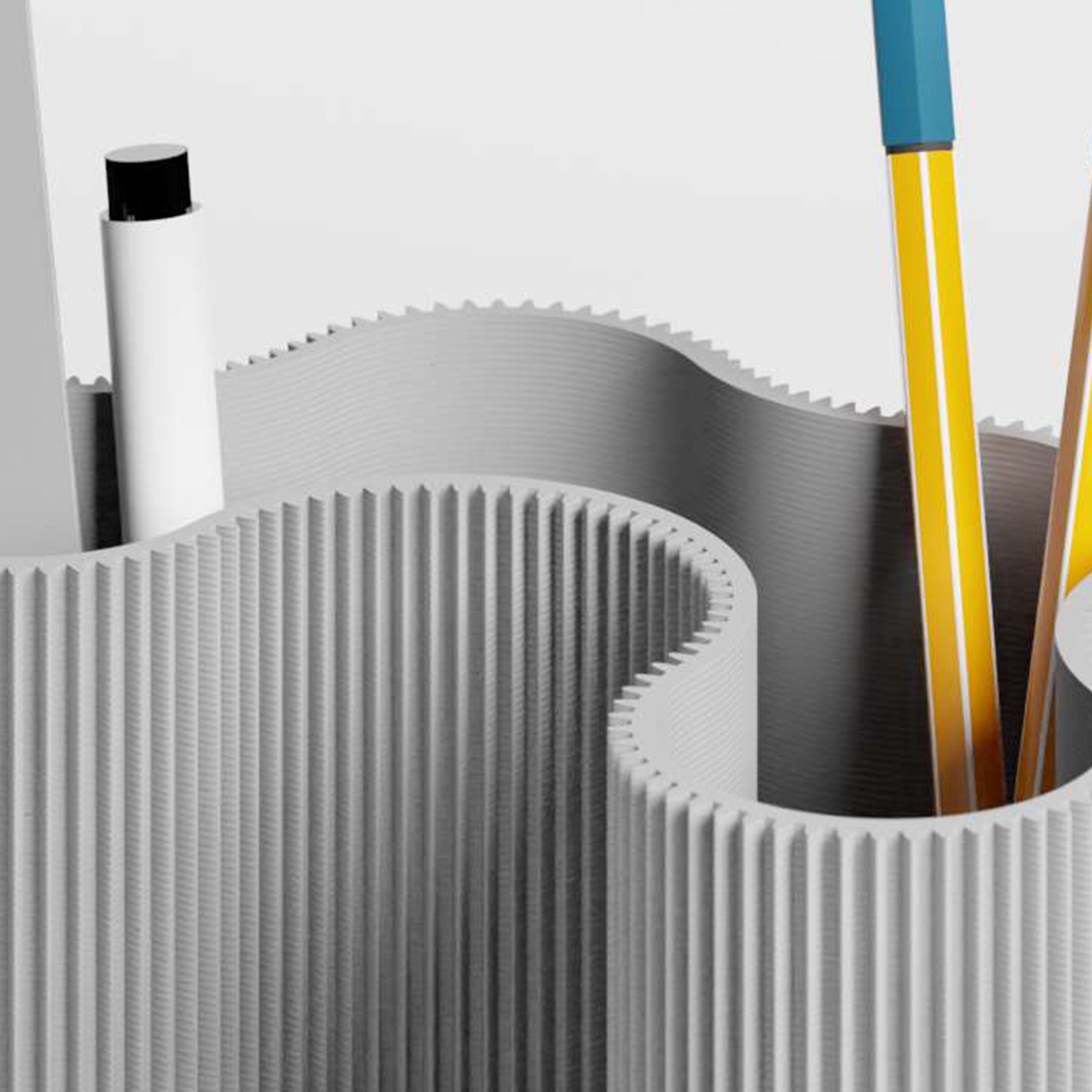 Detail der gerippten Struktur des KORALLE Stiftehalters Modul vier in grau aus dem 3D Druck #farbe_hellgrau