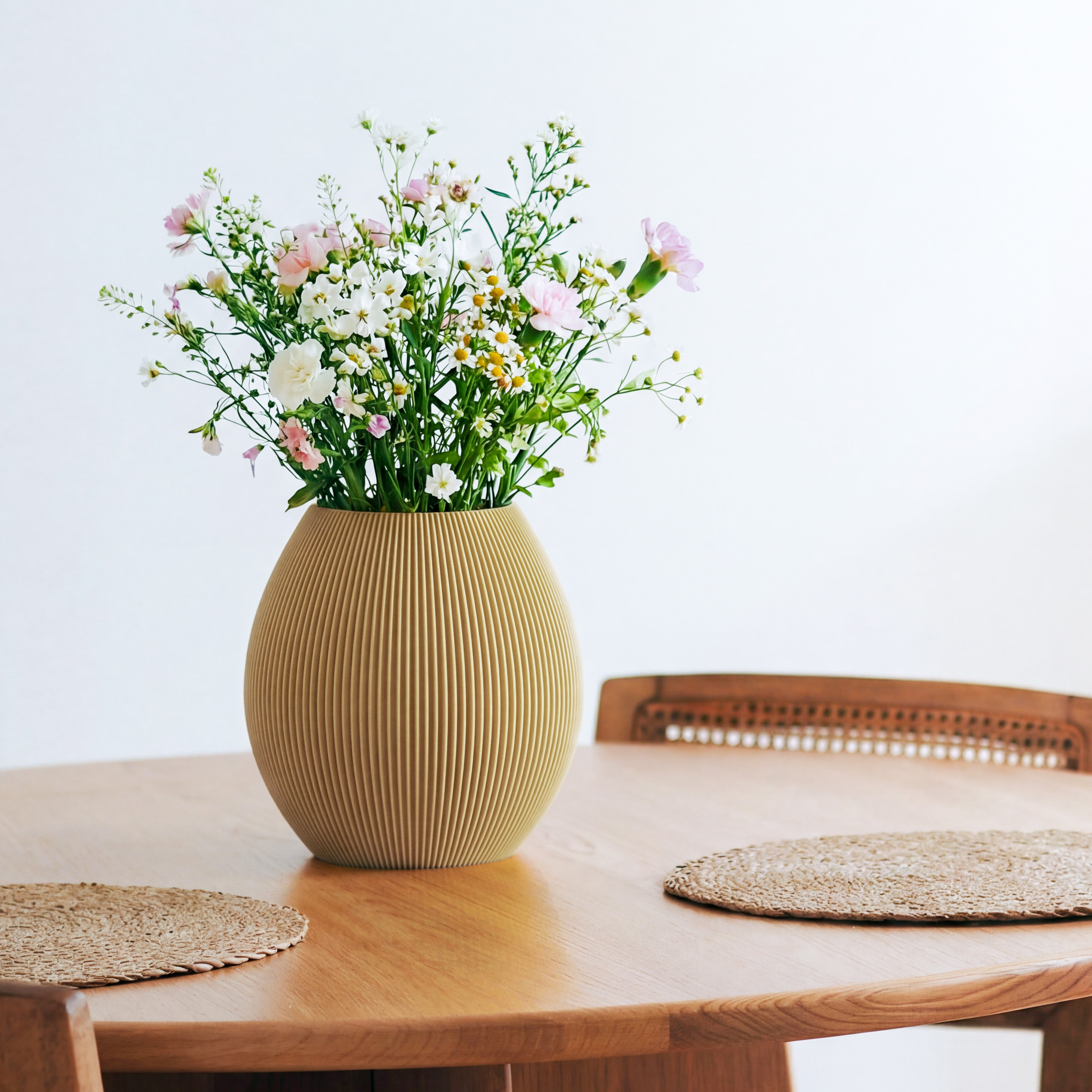 Bauchige Vase Rund in Beige mit Wildblumenstrauß auf einem Esstisch aus Holz #farbe_beige