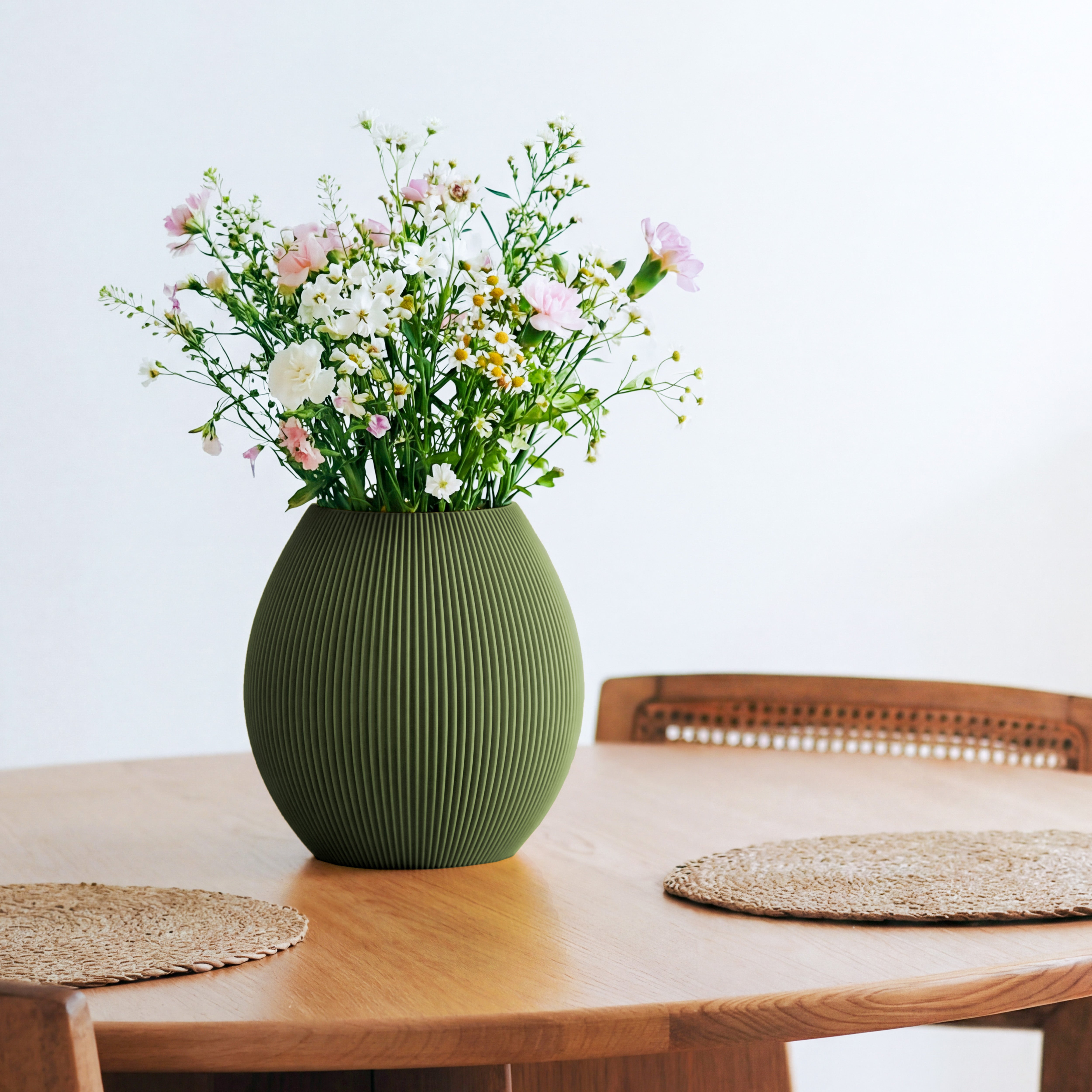 Bauchige Vase Rund in olivgrün mit Wildblumenstrauß auf einem Esstisch aus Holz #farbe_olivgrün