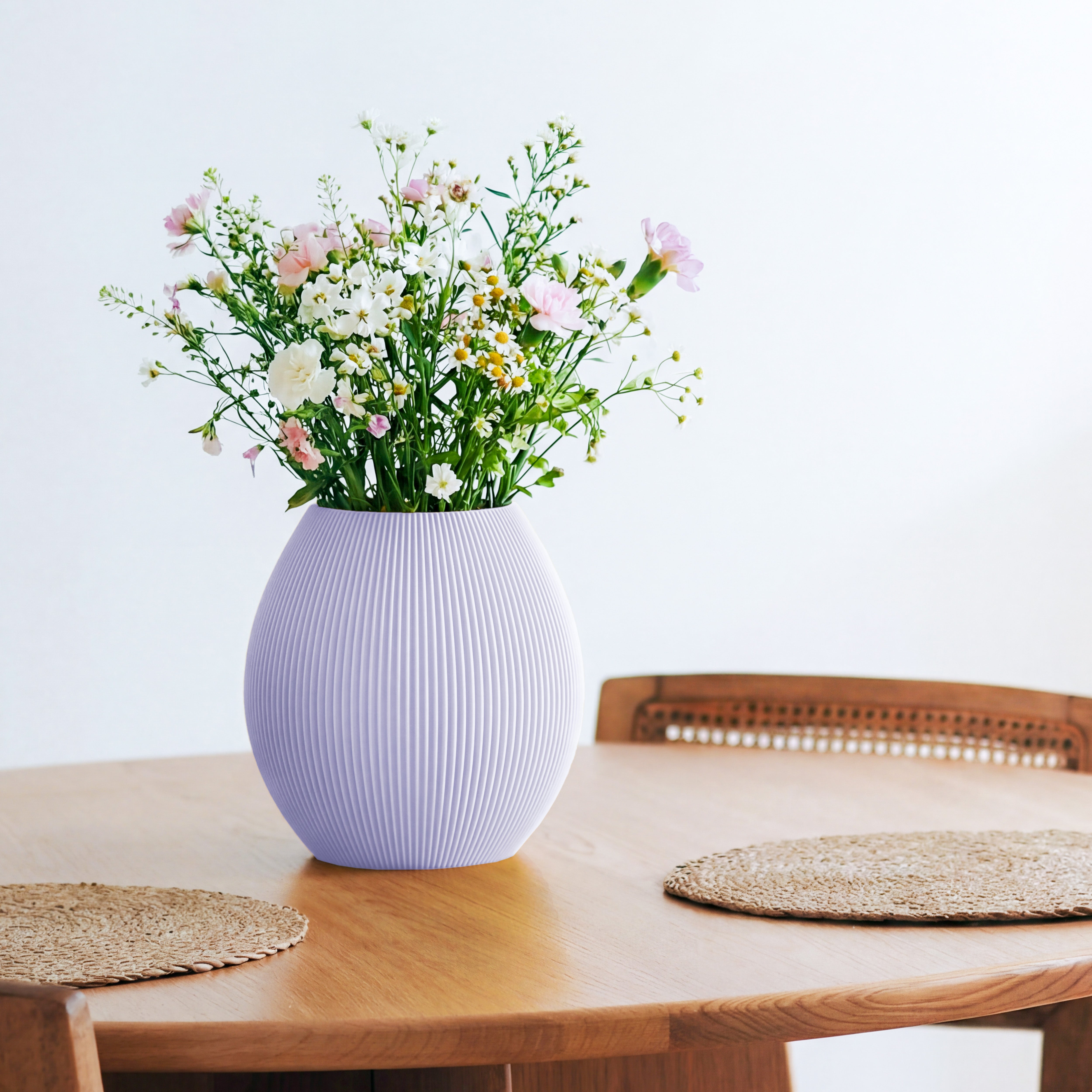 Bauchige Vase Rund in pastelllila mit Wildblumenstrauß auf einem Esstisch aus Holz #farbe_pastelllila