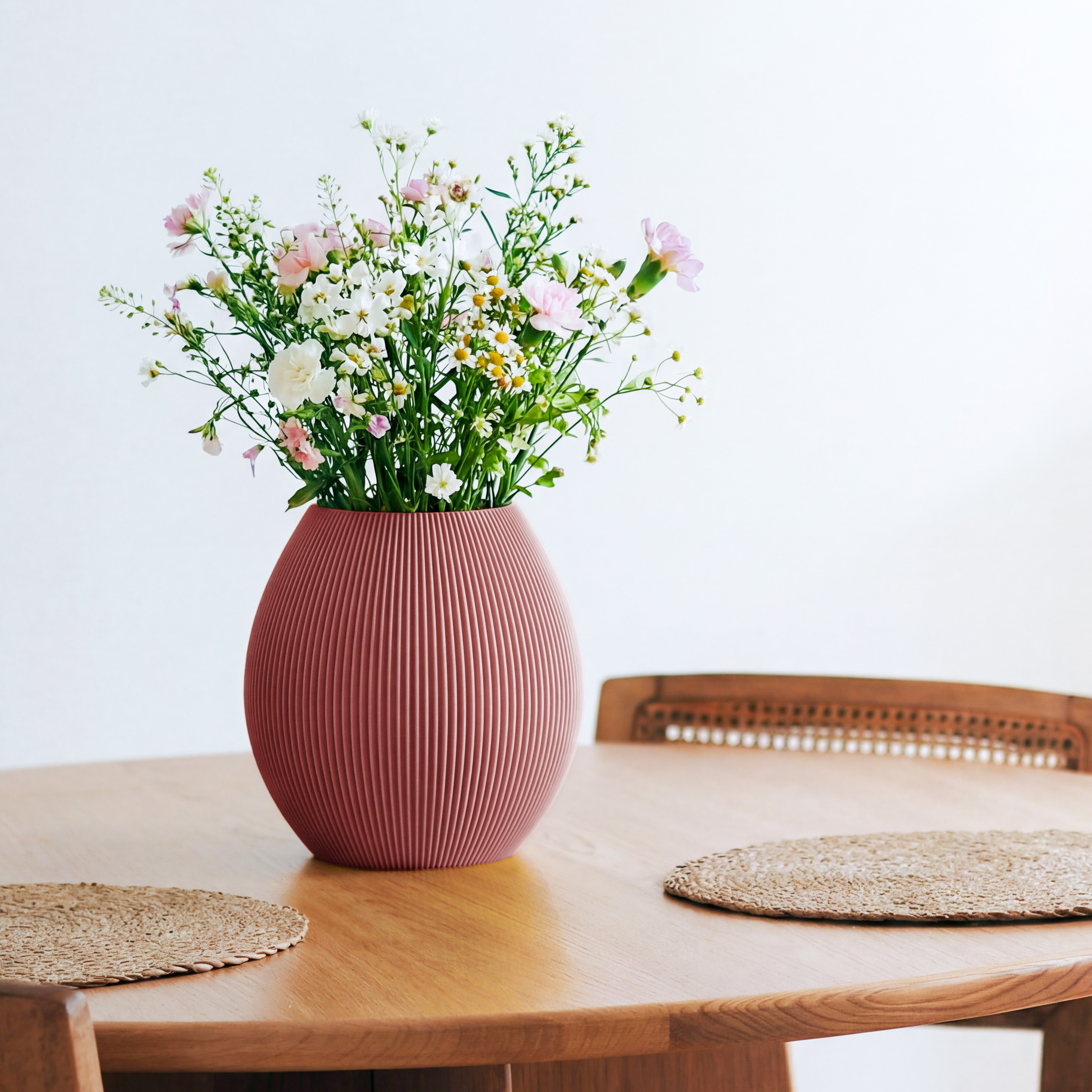 Bauchige Vase Rund in terracotta mit Wildblumenstrauß auf einem Esstisch aus Holz #farbe_terracotta