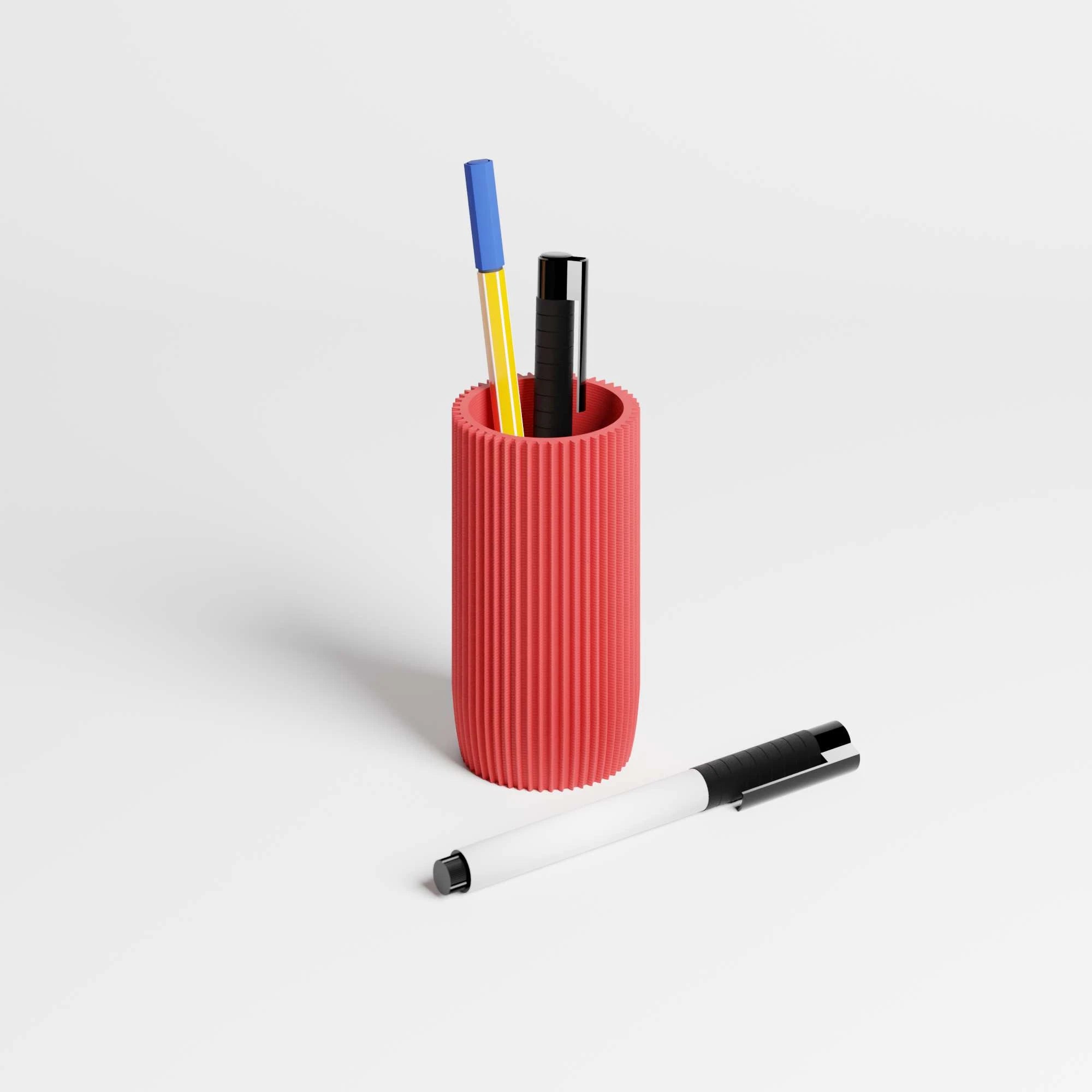 KORALLE Stiftehalter Modul EINS in rot aus dem 3D Druck mit Stiften vor weißem Hintergrund #farbe_rot