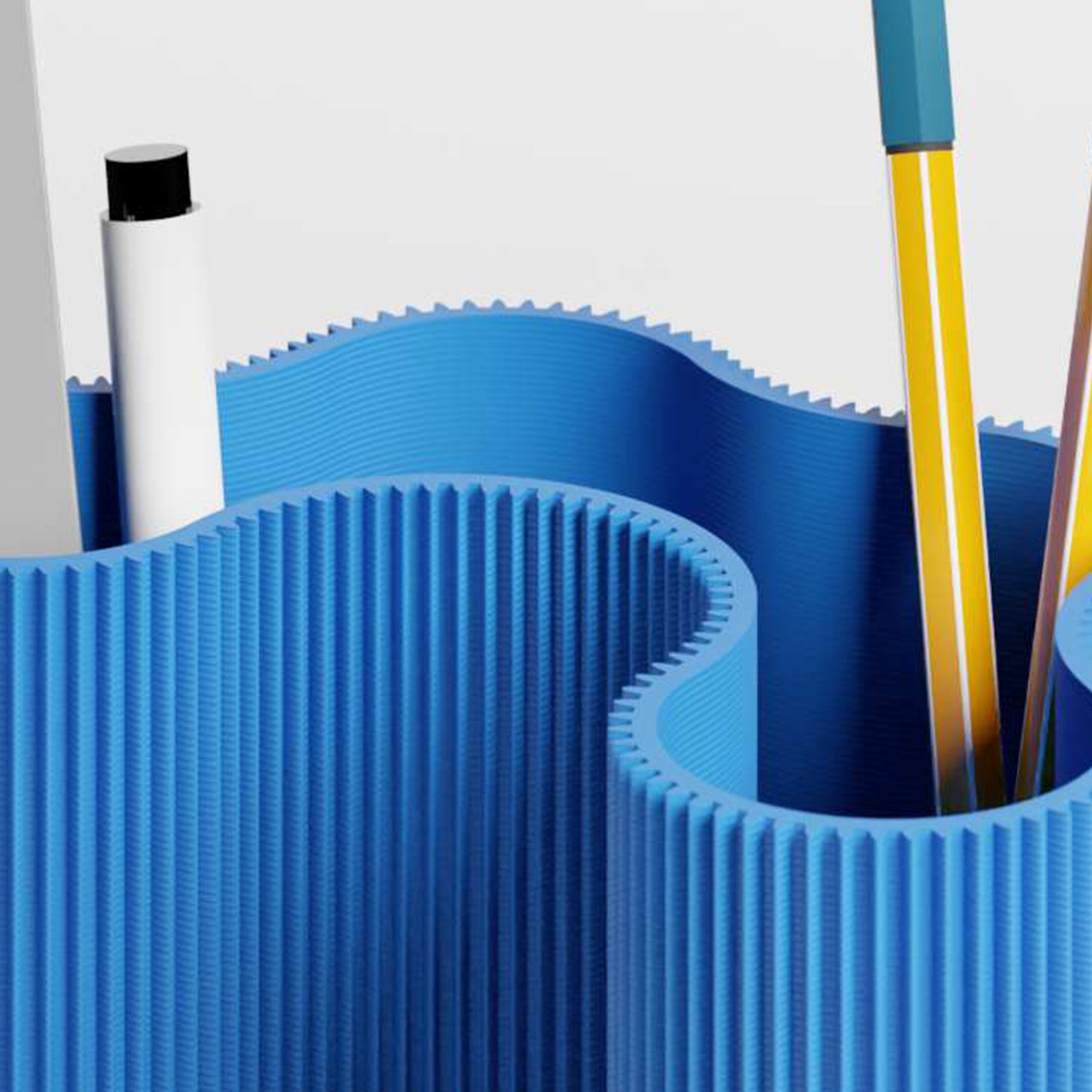 Detail der gerippten Struktur des KORALLE Stiftehalters Modul vier in blau aus dem 3D Druck #farbe_blau