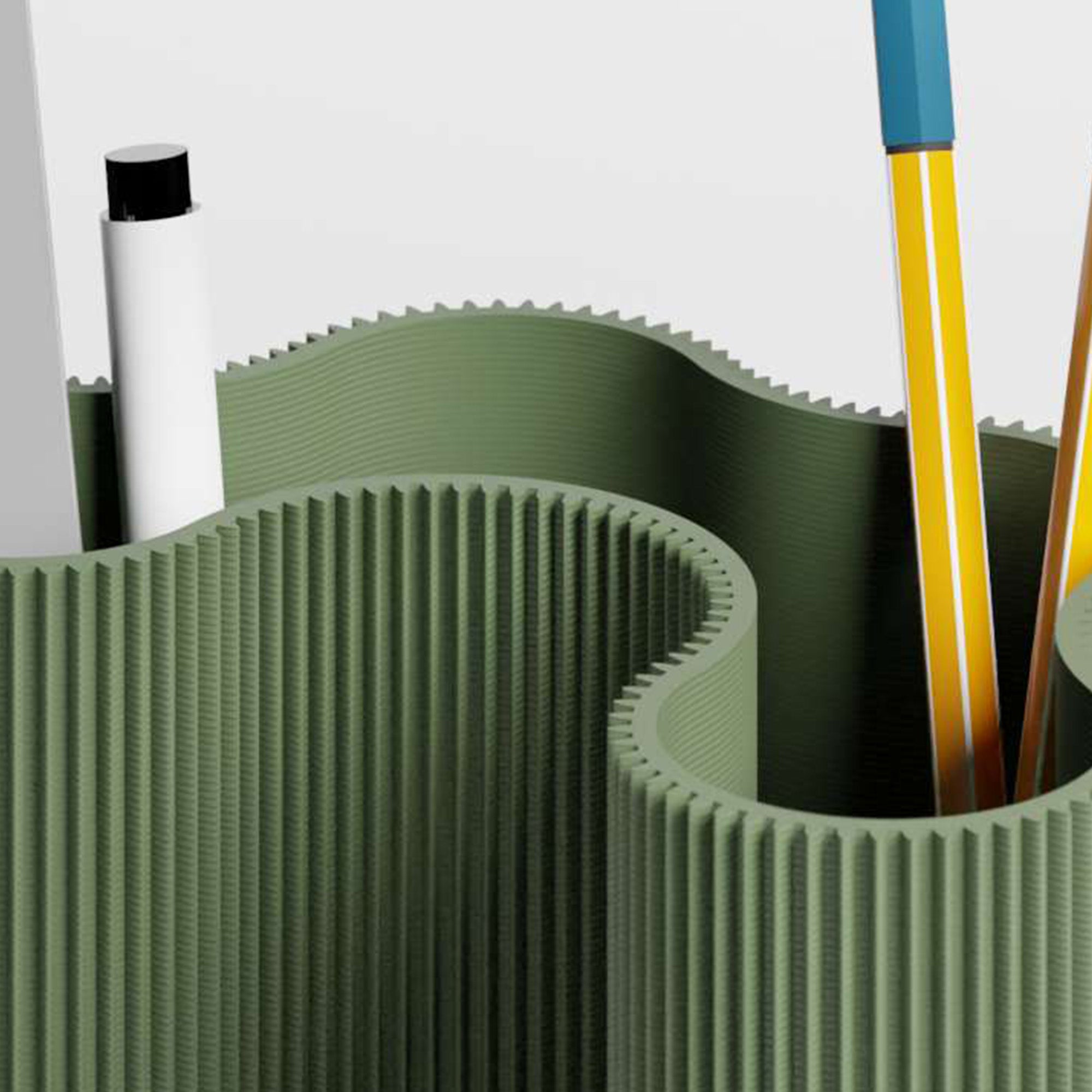Detail der gerippten Struktur des KORALLE Stiftehalters Modul vier in olivgrün aus dem 3D Druck #farbe_olivgrün