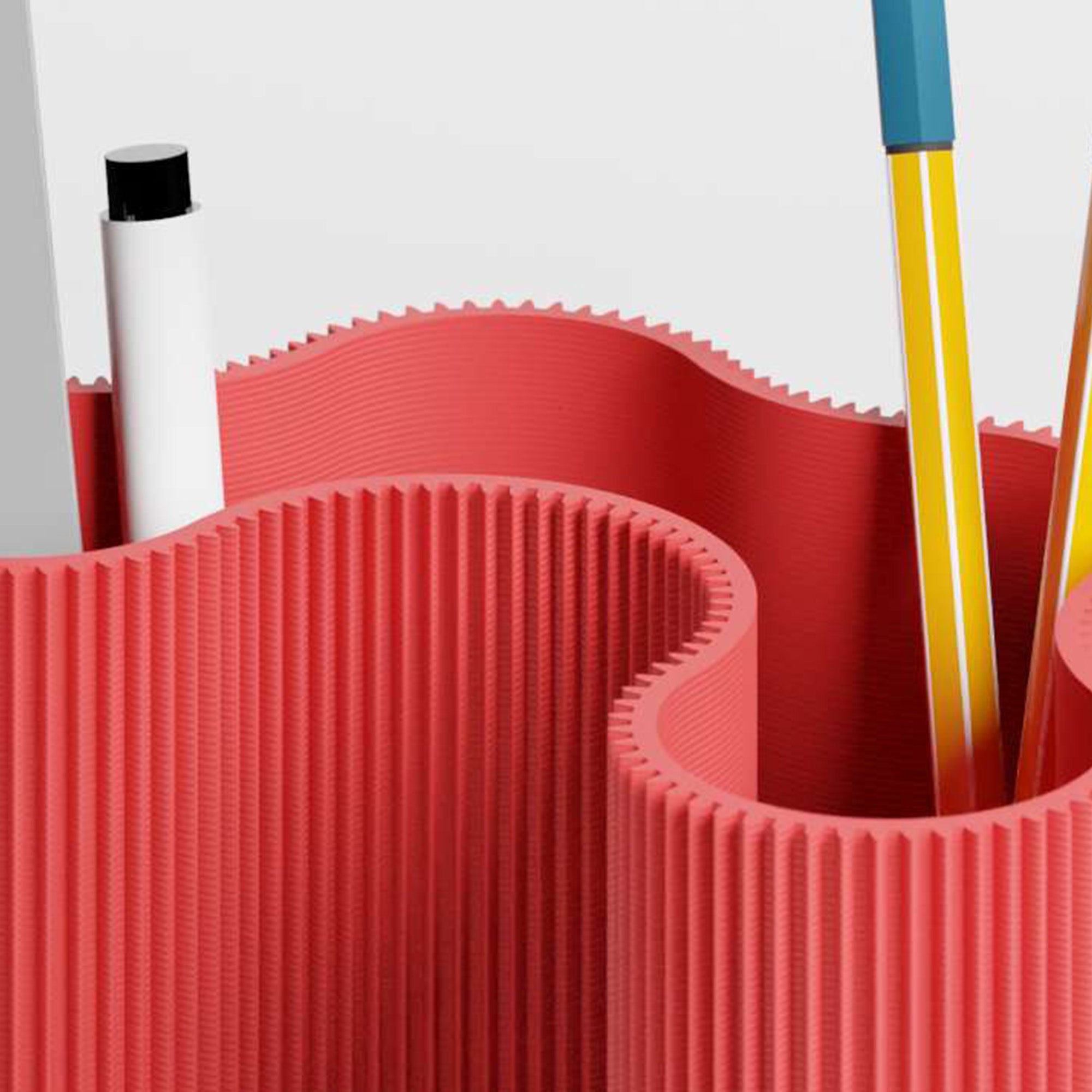 Detail der gerippten Struktur des KORALLE Stiftehalters Modul vier in rot aus dem 3D Druck #farbe_rot