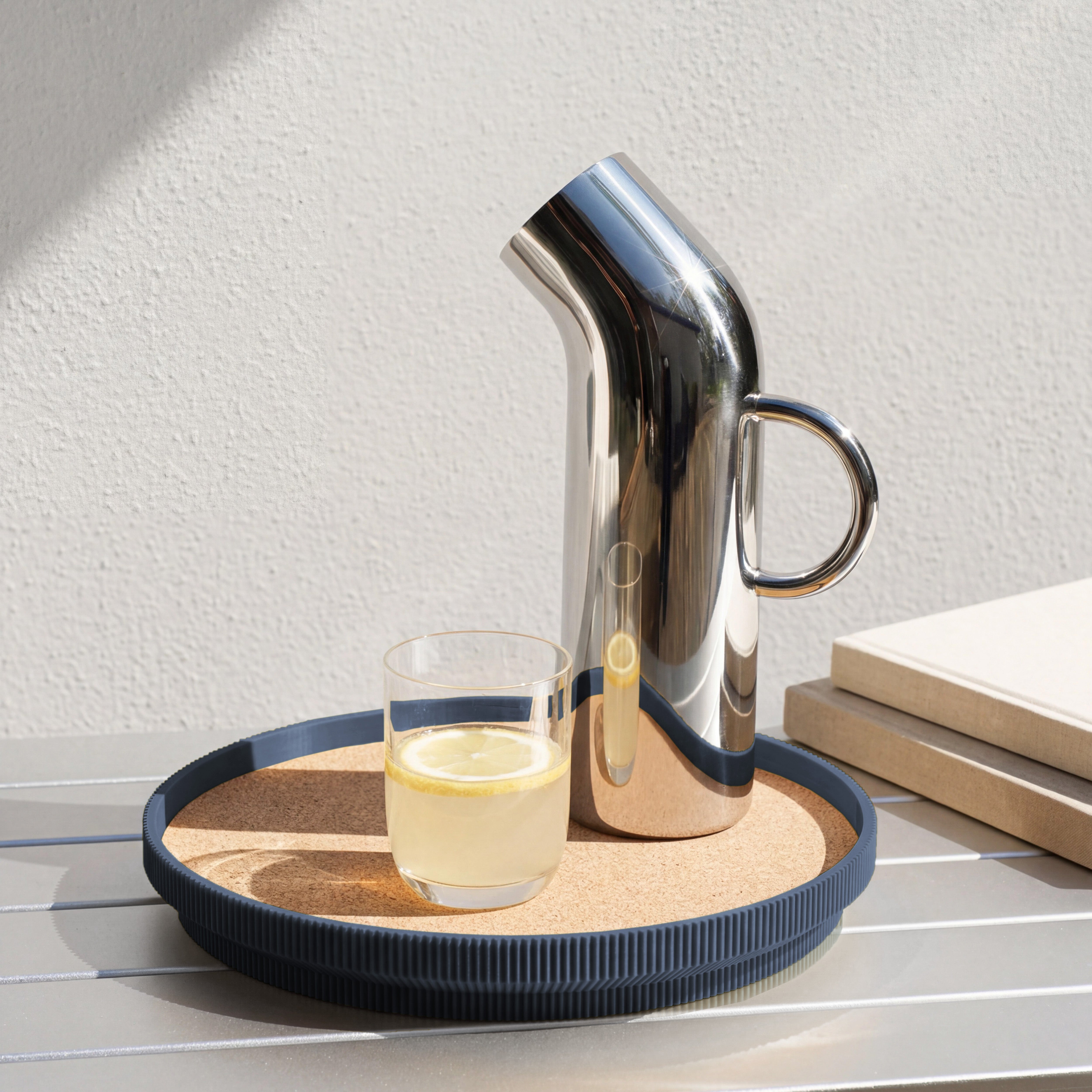 Rundes Deko-Tablett in navyblau mit Korkoberfläche aus dem 3D Druck mit Karaffe und Wasserglas #farbe_navyblau