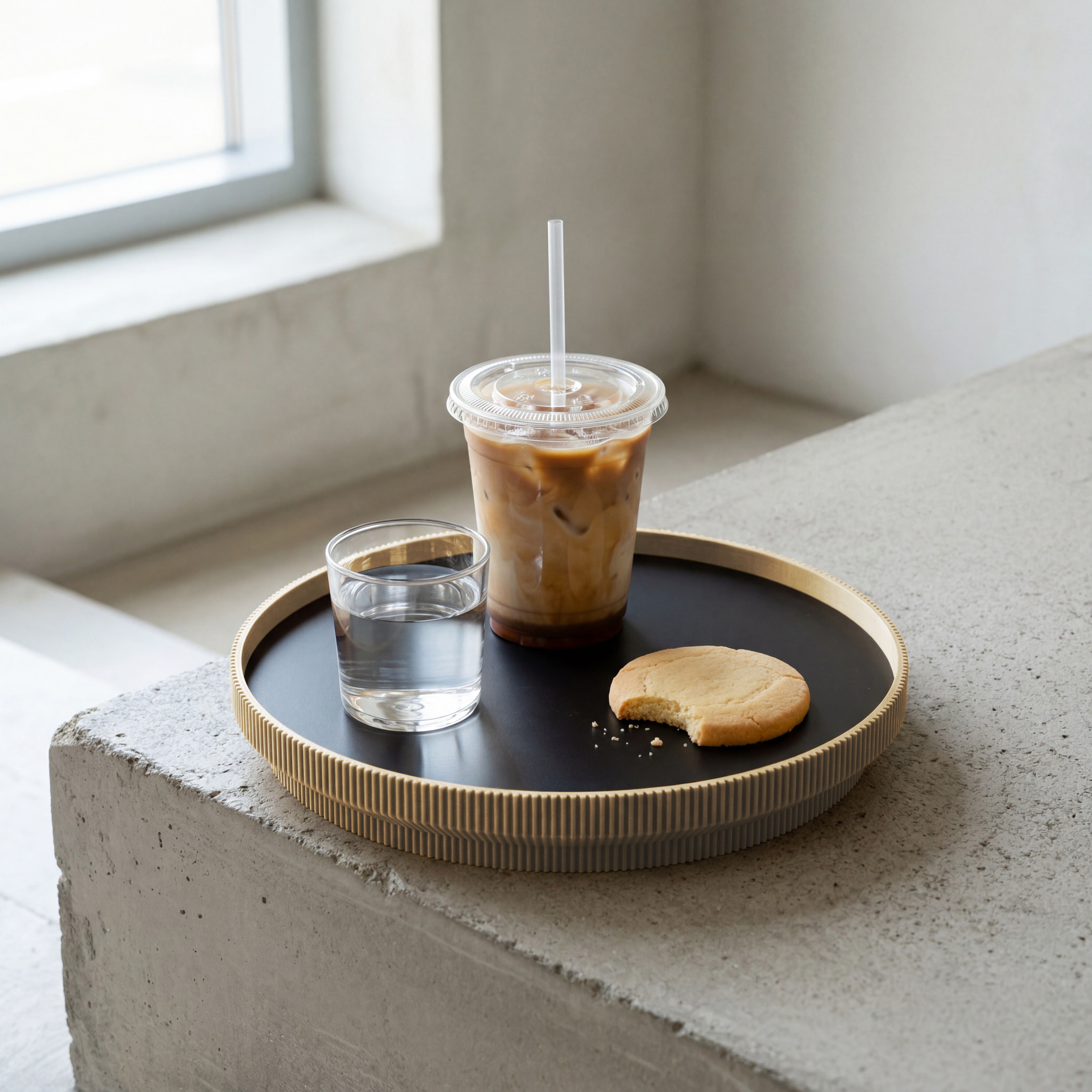Rundes Deko-Tablett in beige aus dem 3D Druck mit Eiskaffee, Wasserglas und Keks am Fenster #ringfarbe_beige