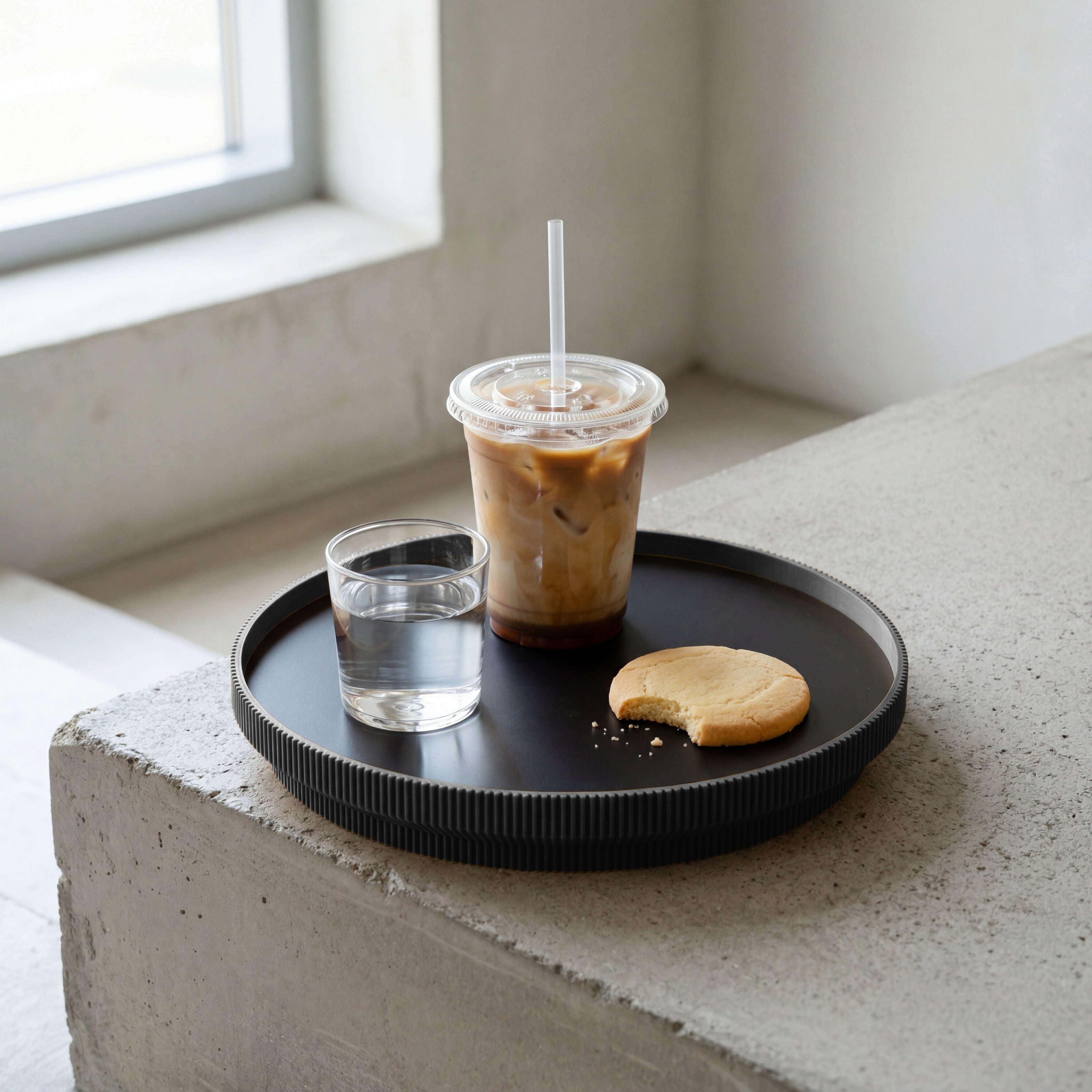 Rundes Deko-Tablett in Schwarz aus dem 3D Druck mit Eiskaffee, Wasserglas und Keks am Fenster #ringfarbe_schwarz