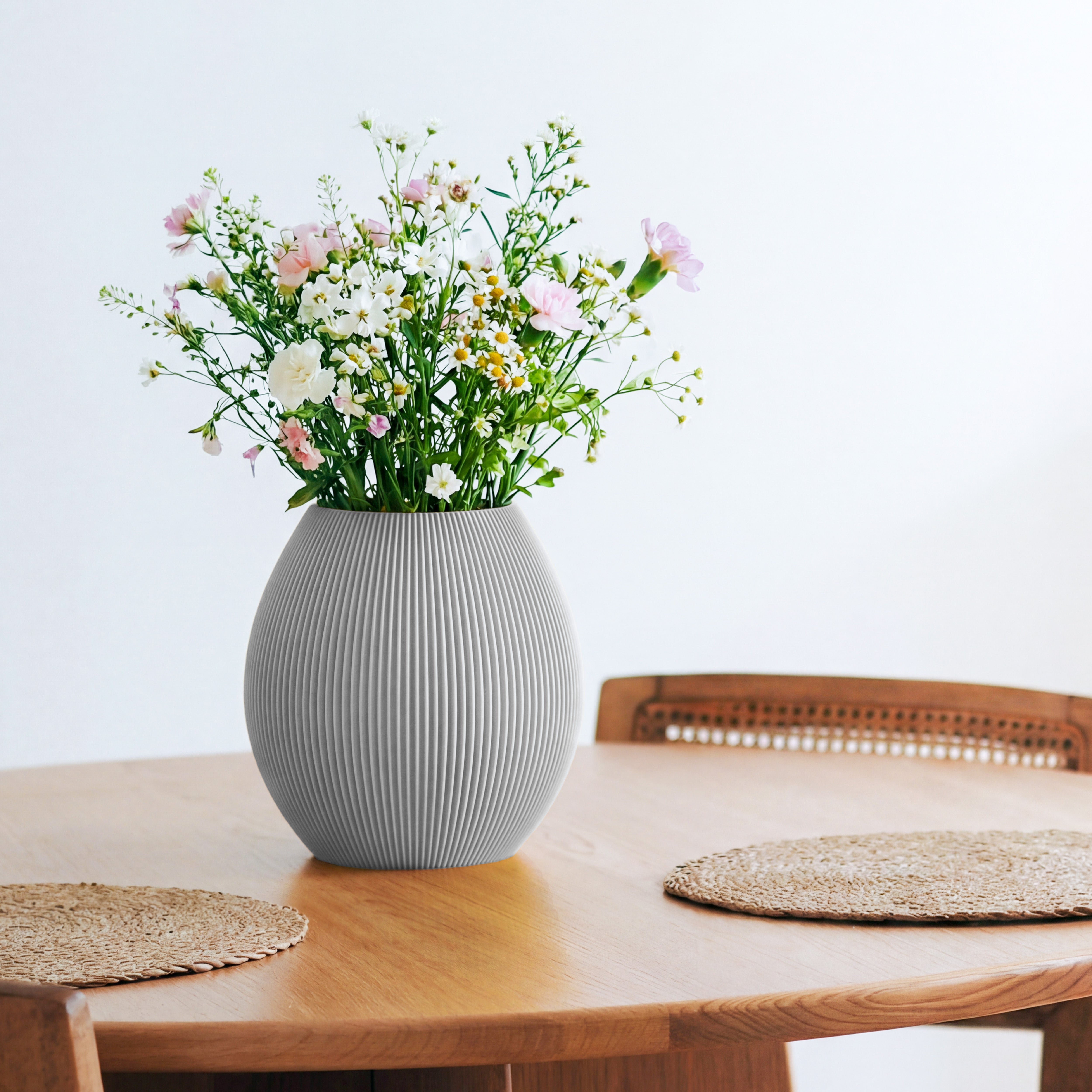 Bauchige Vase Rund in hellgrau mit Wildblumenstrauß auf einem Esstisch aus Holz #farbe_hellgrau