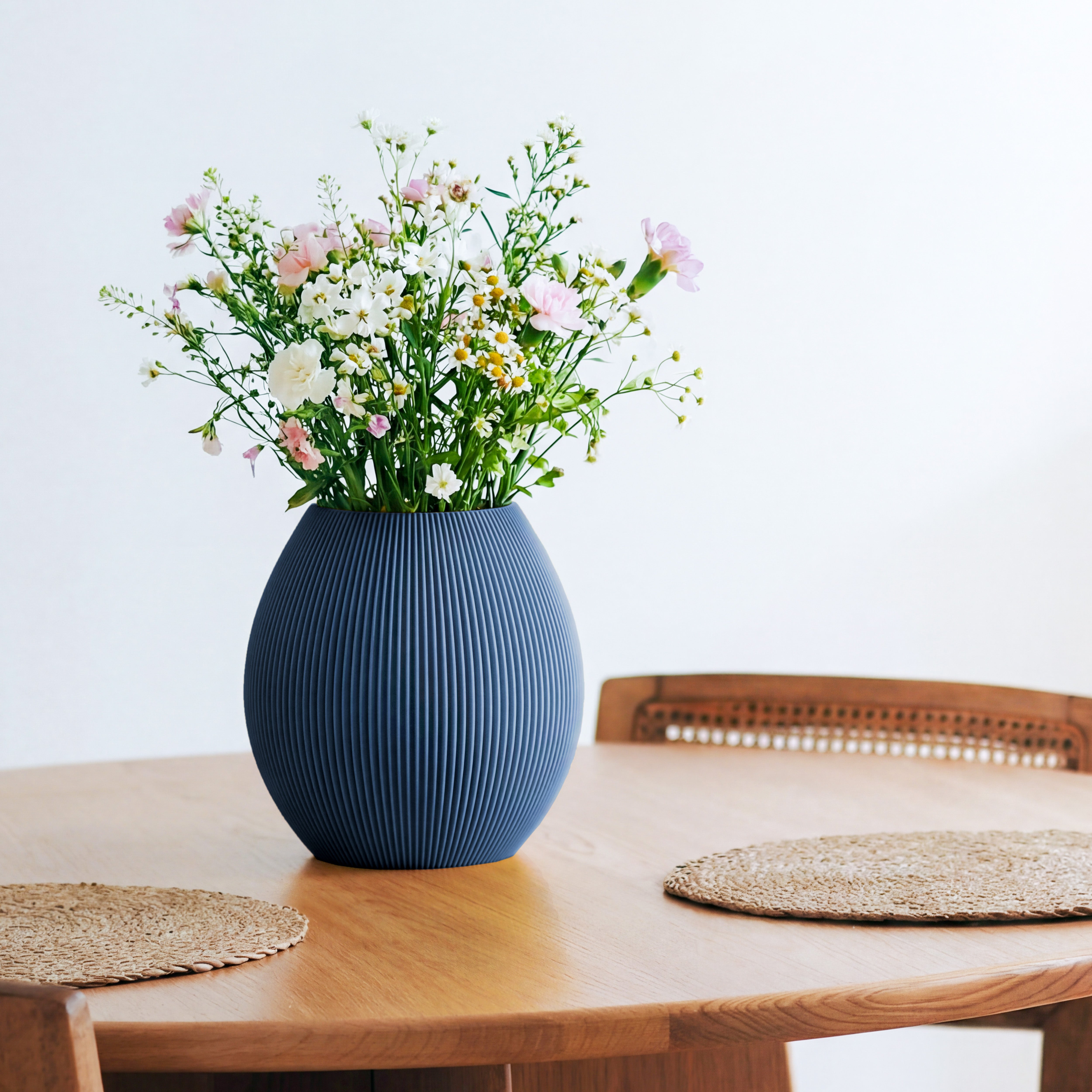 Bauchige Vase Rund in navyblau mit Wildblumenstrauß auf einem Esstisch aus Holz #farbe_navyblau