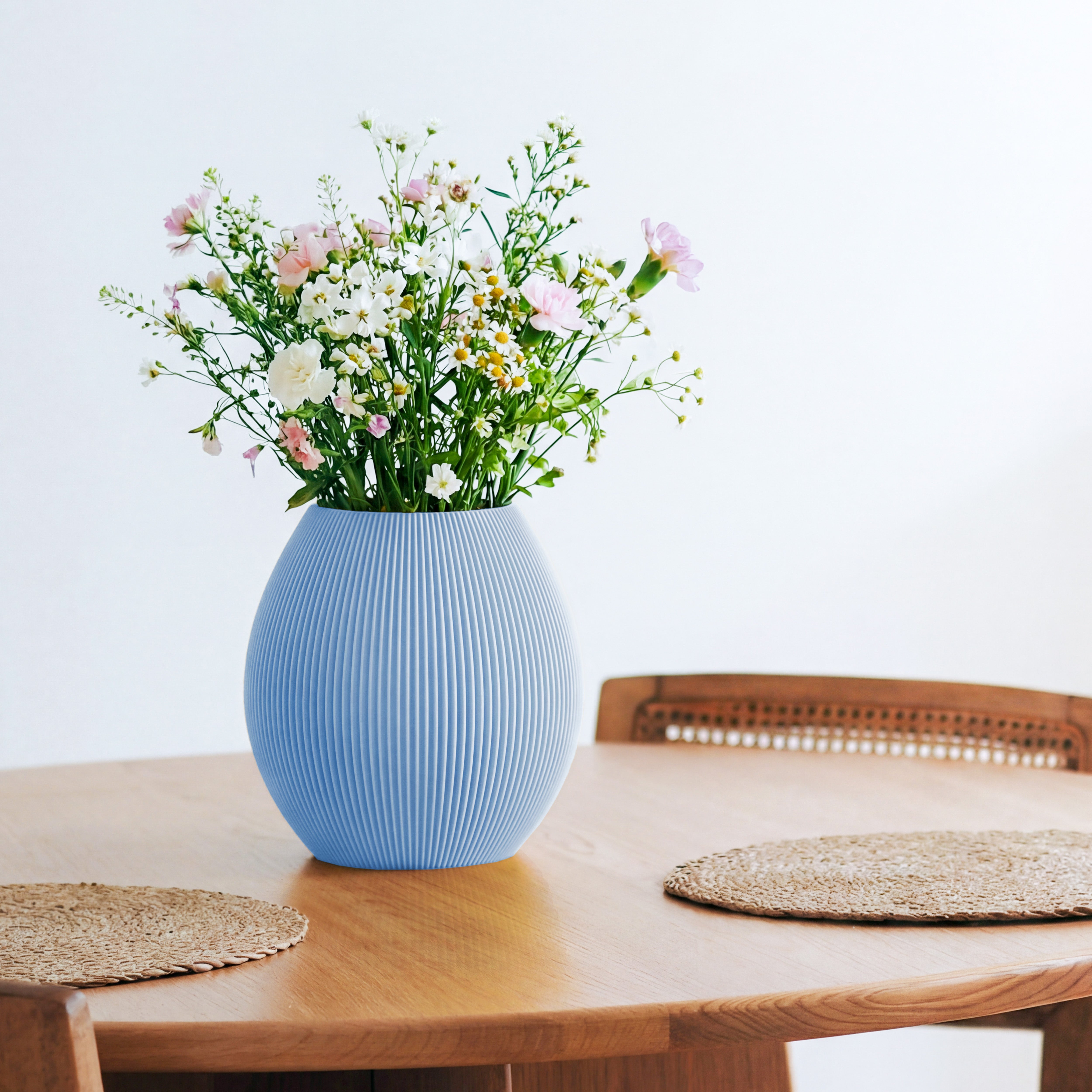 Bauchige Vase Rund in pastellblau mit Wildblumenstrauß auf einem Esstisch aus Holz #farbe_pastellblau