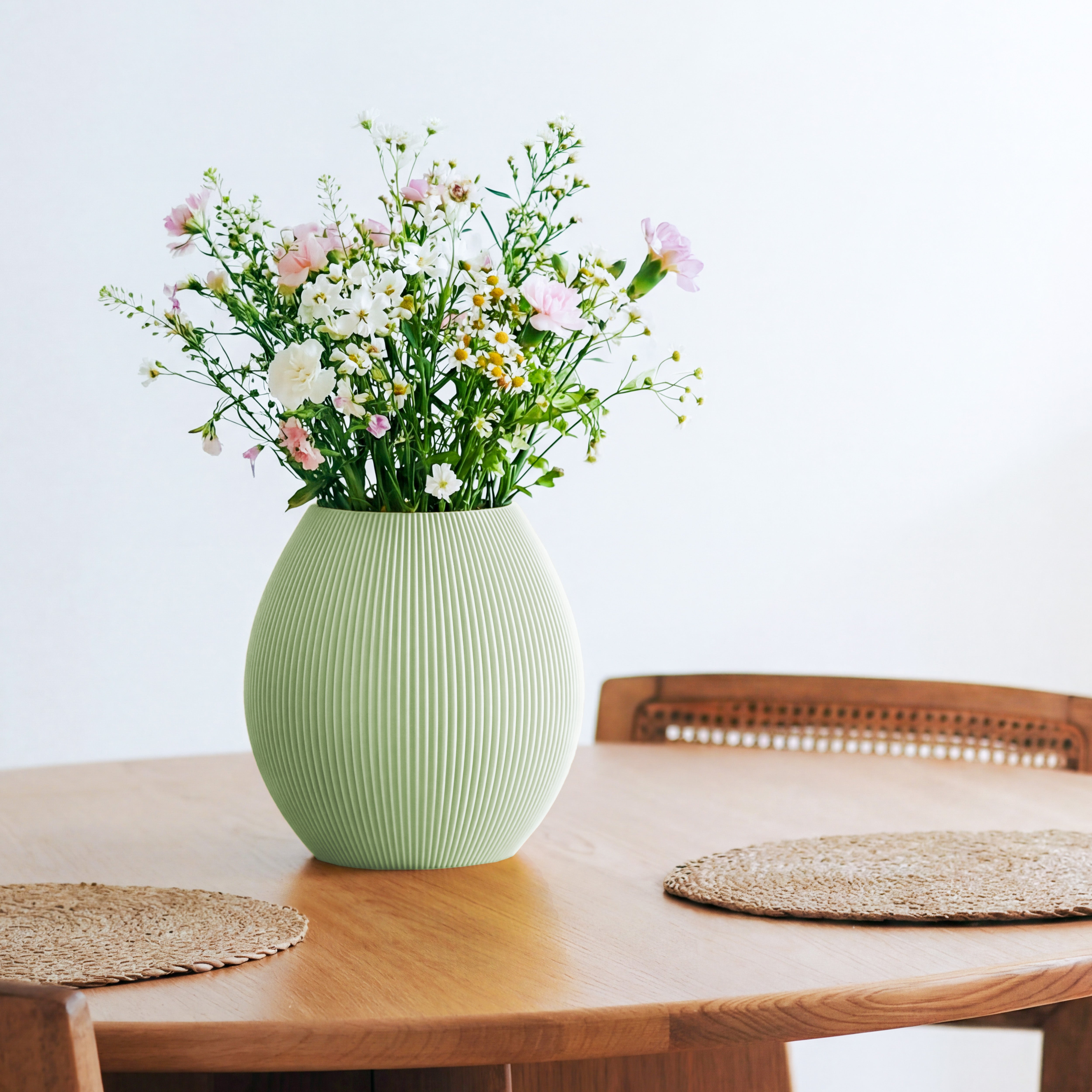 Bauchige Vase Rund in pastellgrün mit Wildblumenstrauß auf einem Esstisch aus Holz #farbe_pastellgrün