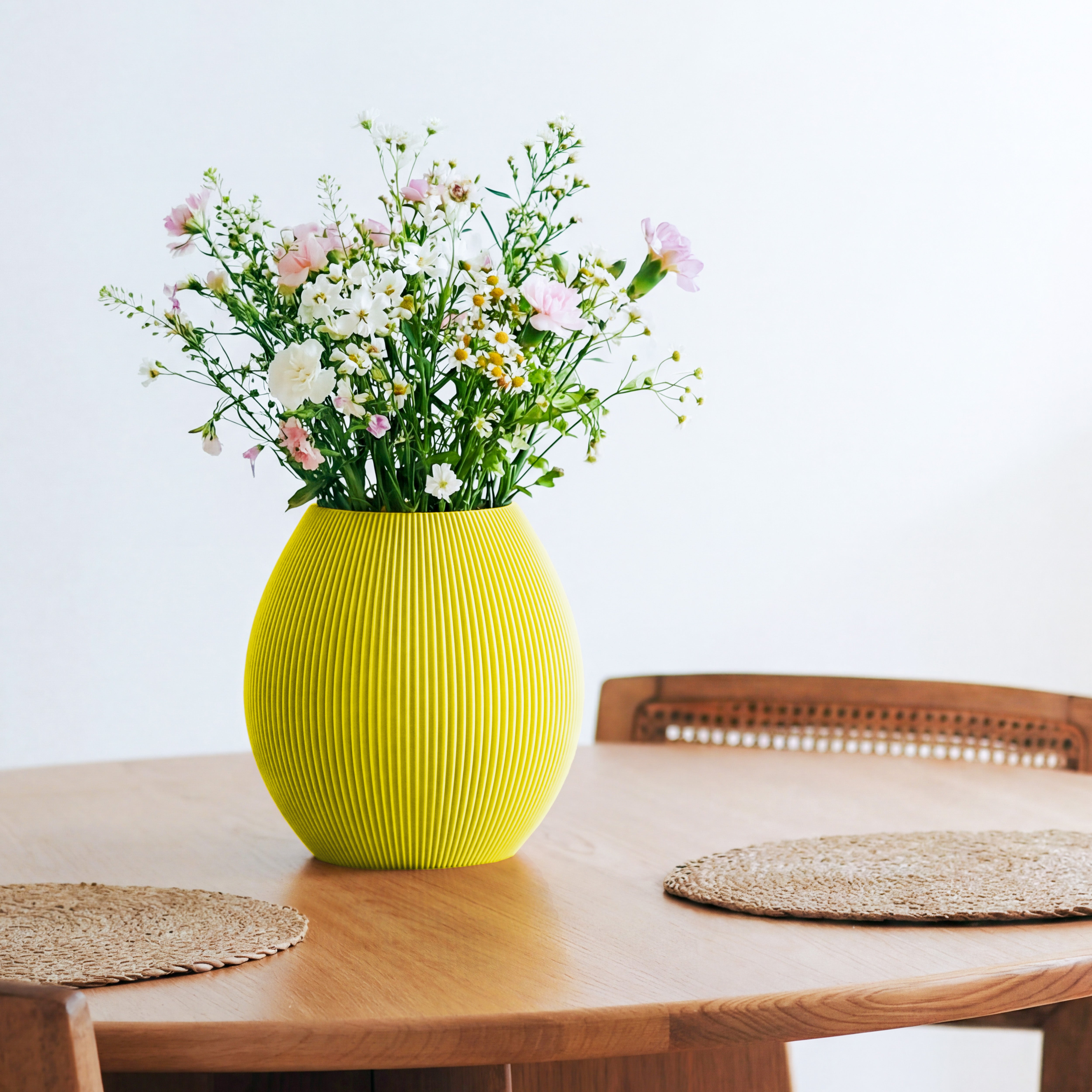 Bauchige Vase Rund in gelb mit Wildblumenstrauß auf einem Esstisch aus Holz #farbe_gelb