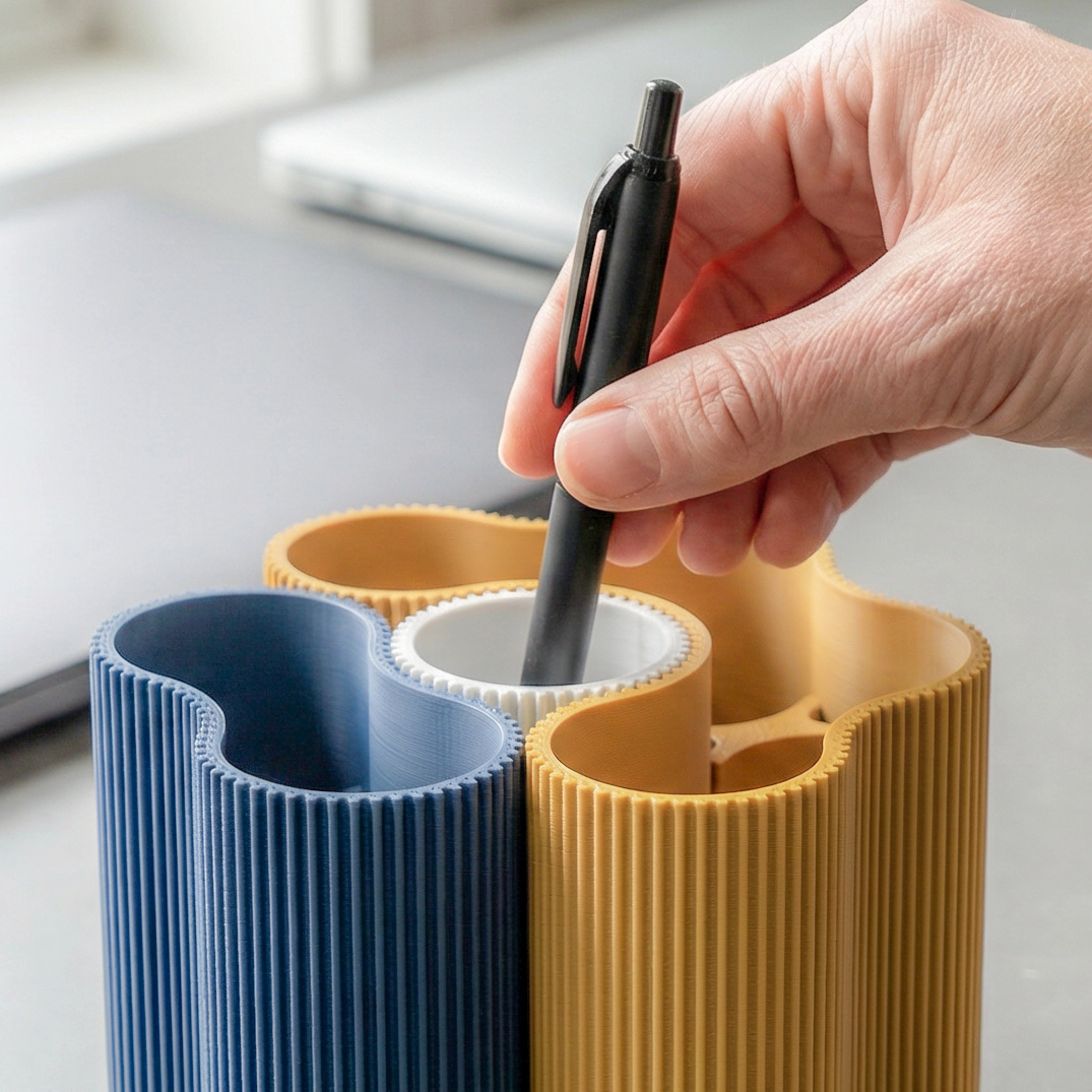 KORALLE Stiftehalter-Bundle in Navyblau, Senfgelb und Weiß auf Schreibtisch im Homeoffice
