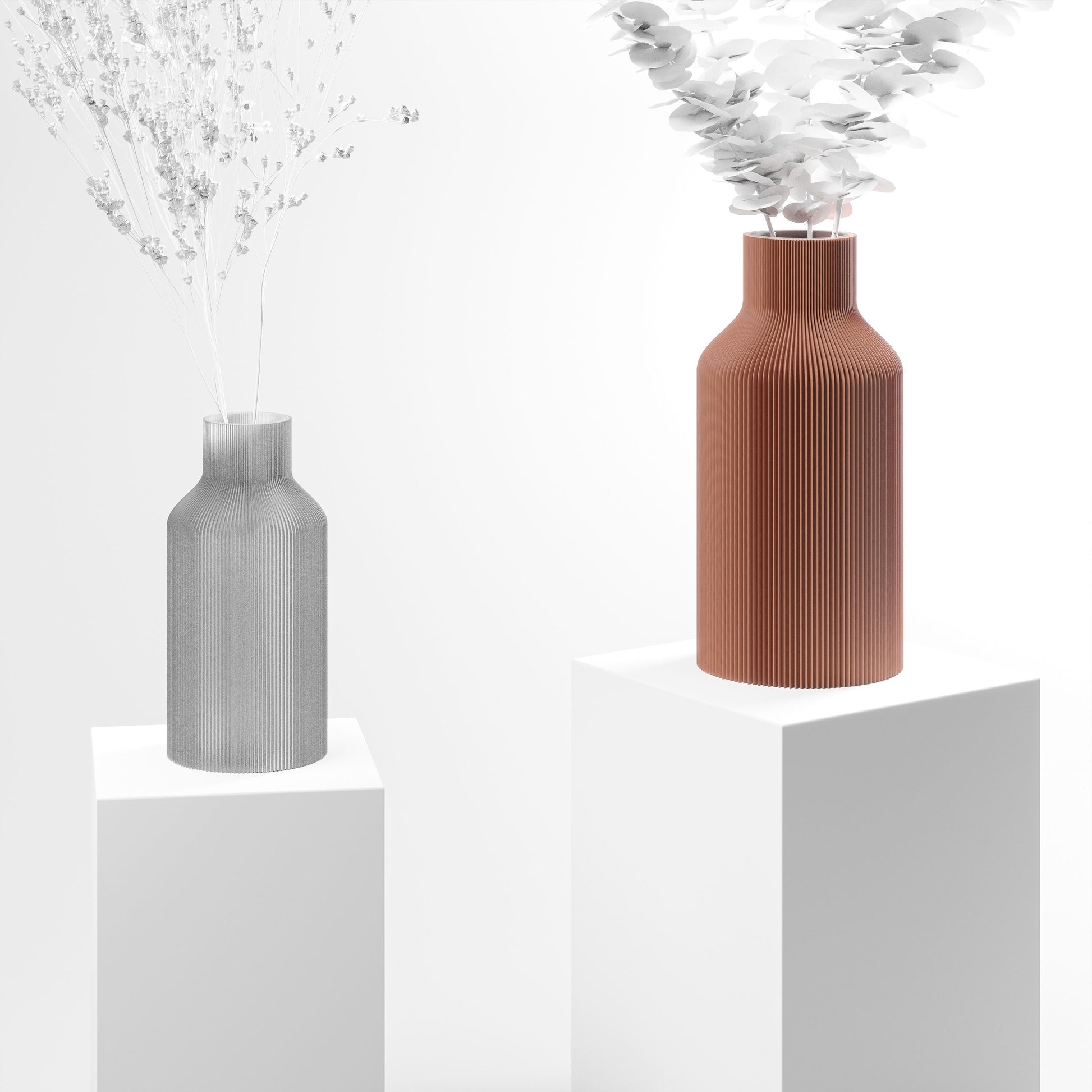 Stylische 3D Druck Vase mit feinen Rillen | 100% recyclebar | Form: Flasche | Farbe: Terracotta matt groß 