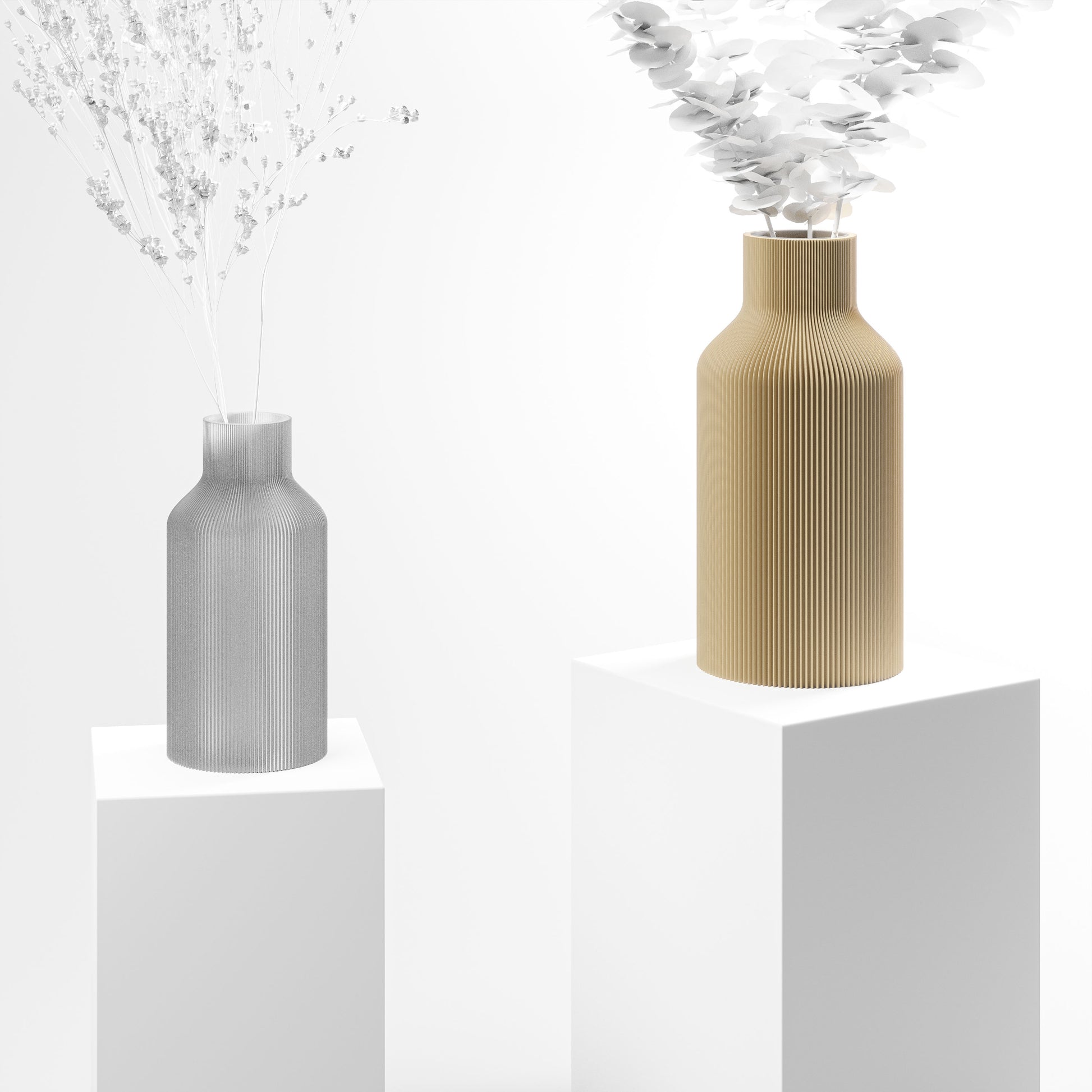 Stylische 3D Druck Vase mit feinen Rillen | 100% recyclebar | Form: Flasche | Farbe: beige matt groß 