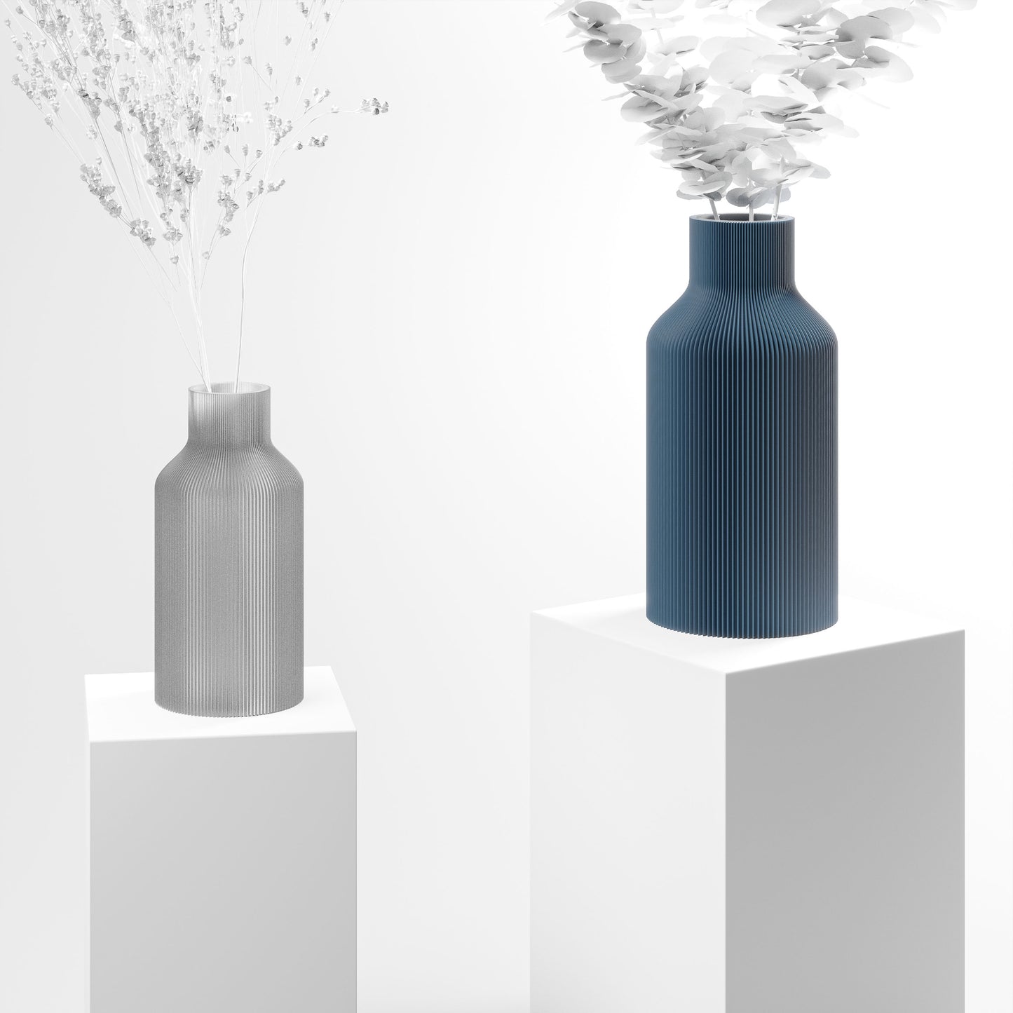 Stylische 3D Druck Vase mit feinen Rillen | 100% recyclebar | Form: Flasche | Farbe: blau matt groß