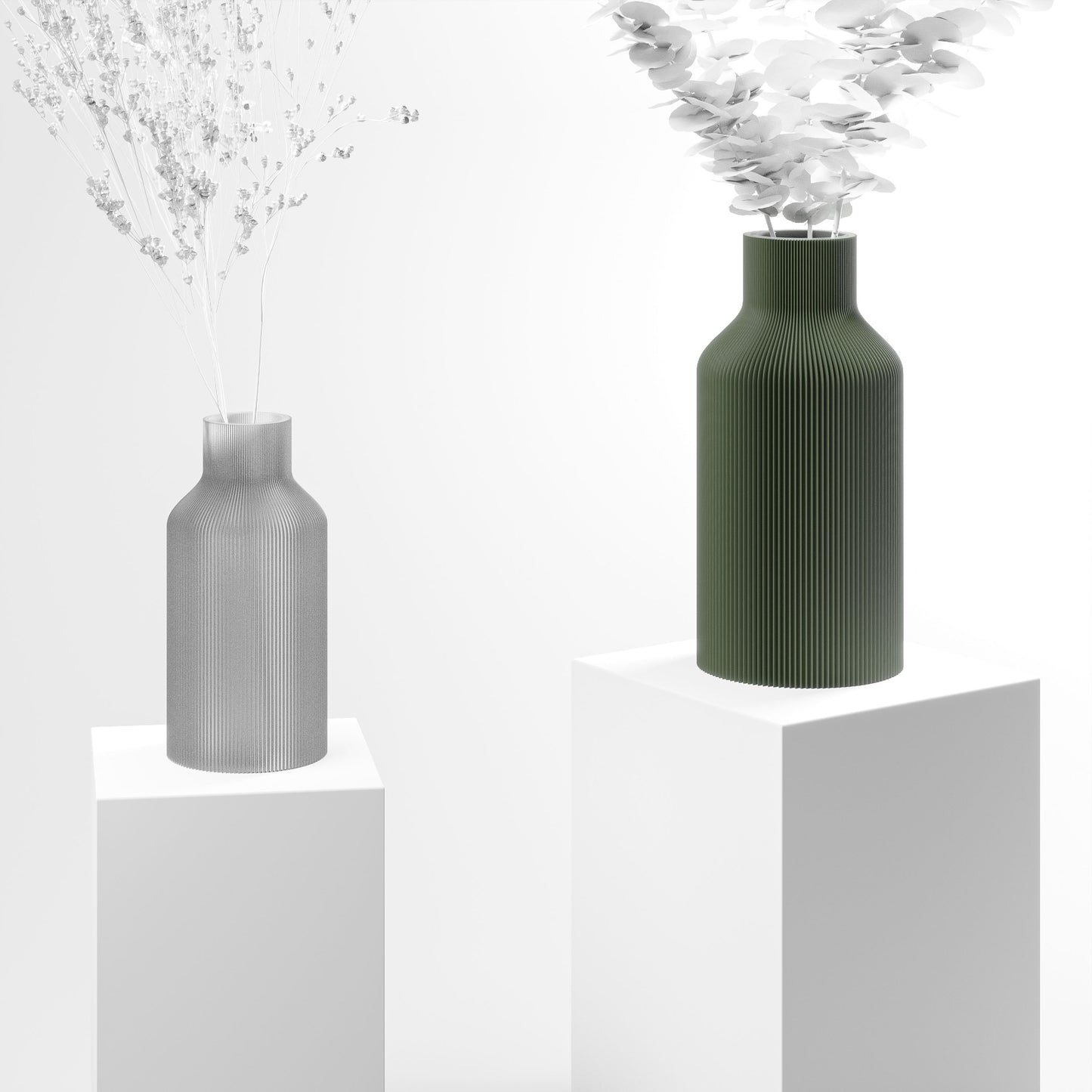 Stylische 3D Druck Vase mit feinen Rillen | 100% recyclebar | Form: Flasche | Farbe: grün matt 