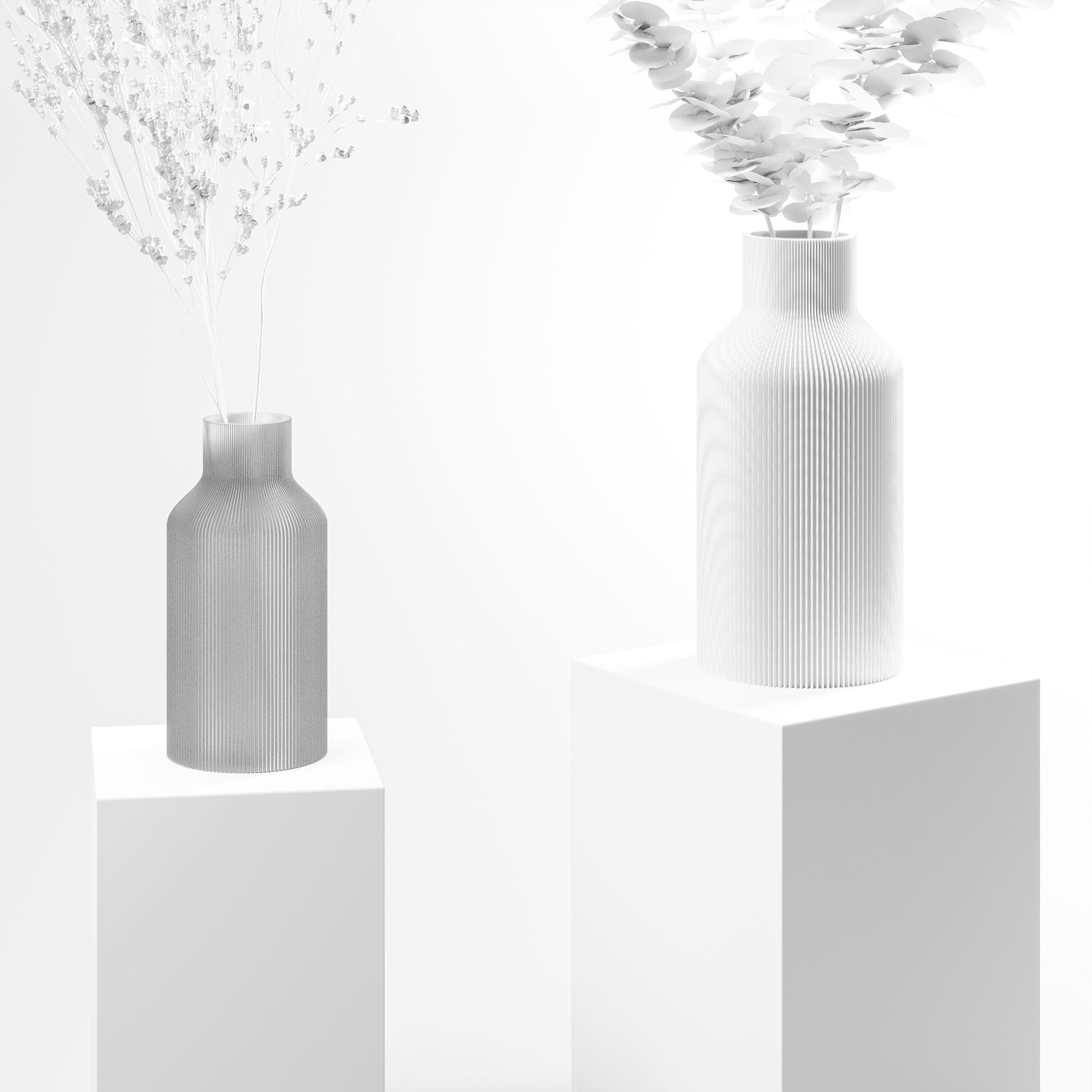 Stylische 3D Druck Vase mit feinen Rillen | 100% recyclebar | Form: Flasche | Farbe: weiss matt groß 