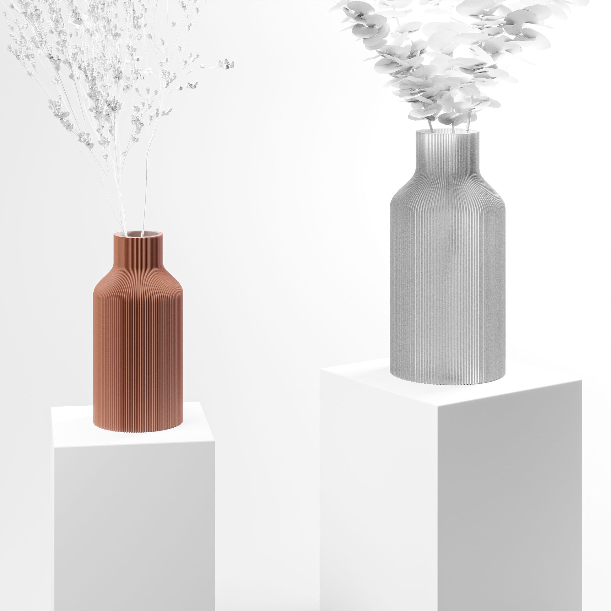 Stylische 3D Druck Vase mit feinen Rillen aus Stuttgart | 100% recyclebar | Form: Flasche | Farbe: Terracotta matt 