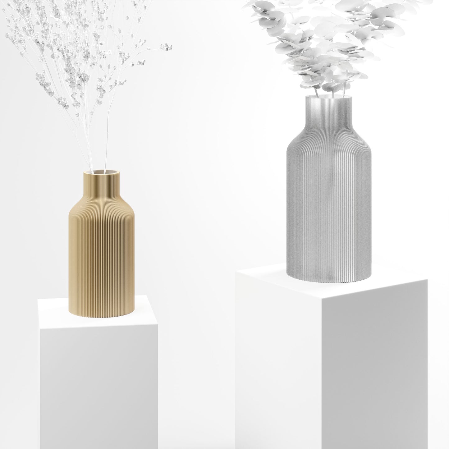 Stylische 3D Druck Vase mit feinen Rillen aus Stuttgart | 100% recyclebar | Form: Flasche | Farbe: beige matt klein 