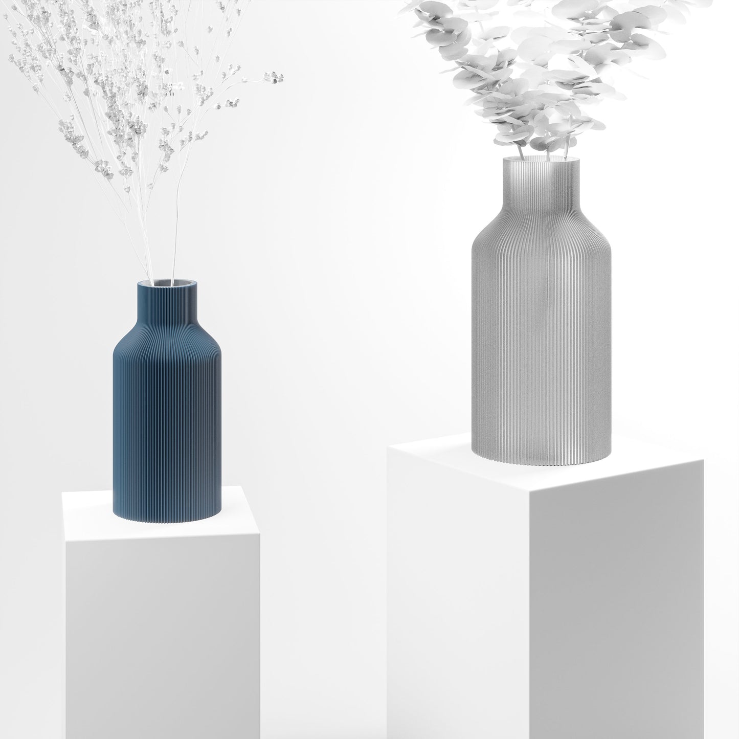 Stylische 3D Druck Vase mit feinen Rillen aus Stuttgart | 100% recyclebar | Form: Flasche | Farbe: blau matt klein