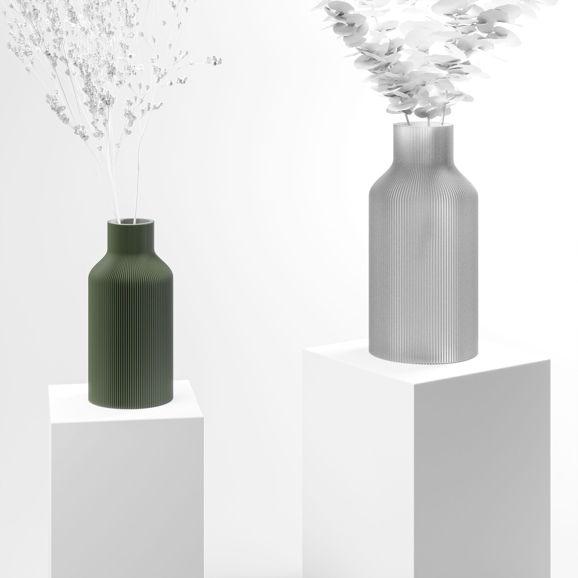 Stylische 3D Druck Vase mit feinen Rillen aus Stuttgart | 100% recyclebar | Form: Flasche | Farbe: grün matt klein 