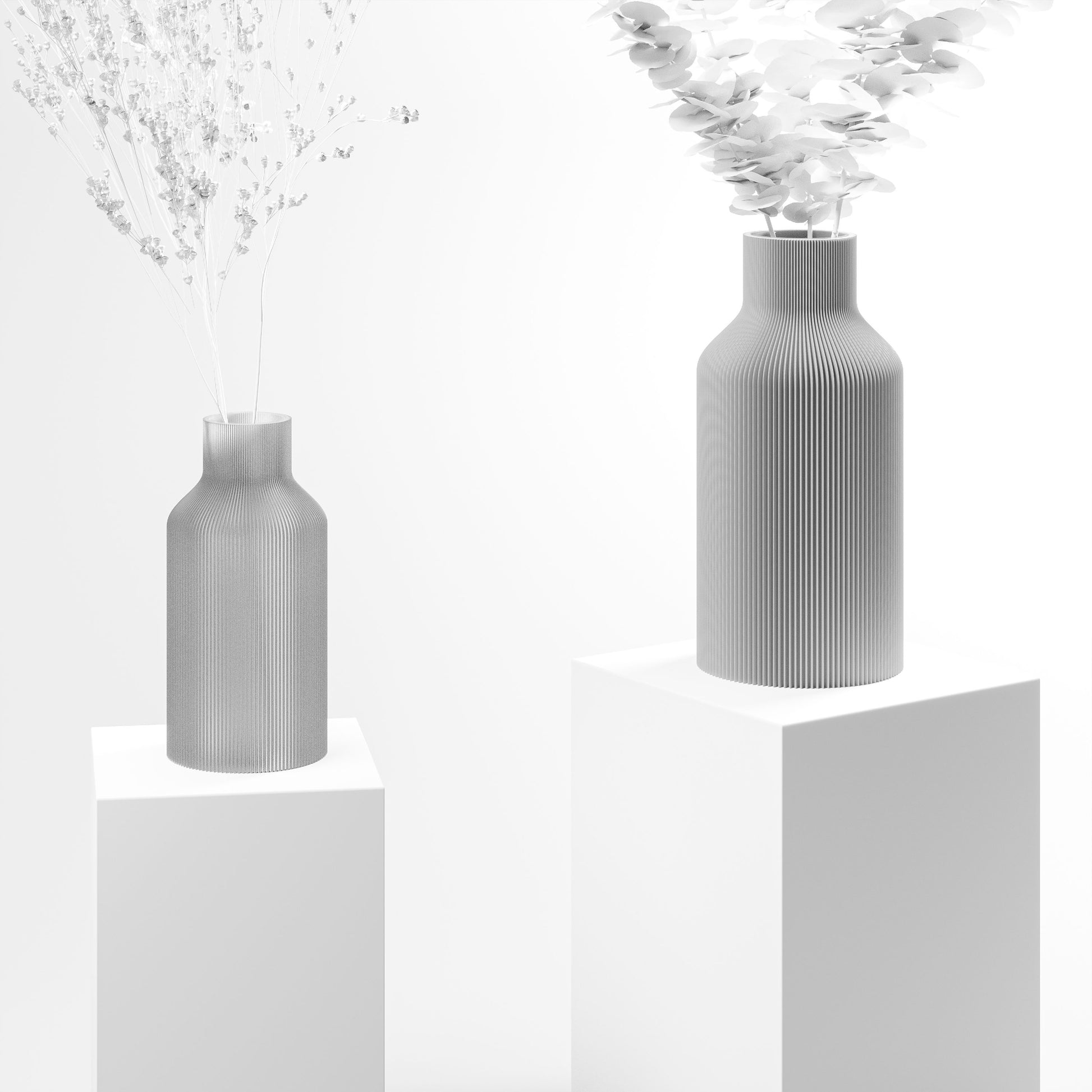 Stylische 3D Druck Vase mit feinen Rillen aus Stuttgart | 100% recyclebar | Form: Flasche | Farbe: grau matt groß 