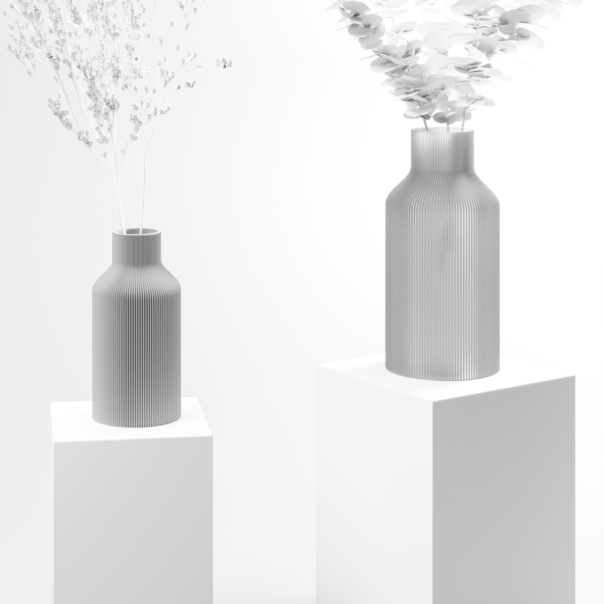 Stylische 3D Druck Vase mit feinen Rillen aus Stuttgart | 100% recyclebar | Form: Flasche | Farbe: grau matt klein