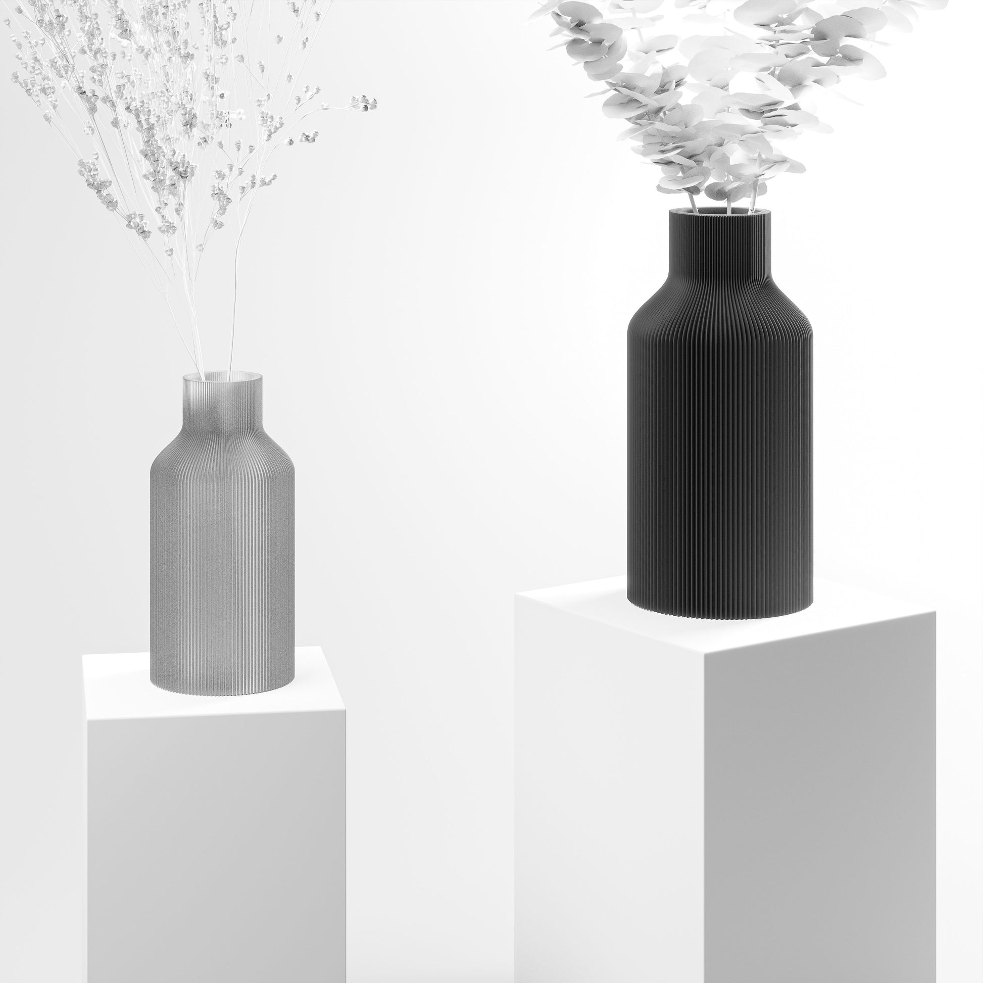 Stylische 3D Druck Vase mit feinen Rillen aus Stuttgart | 100% recyclebar | Form: Flasche | Farbe: schwarz matt 