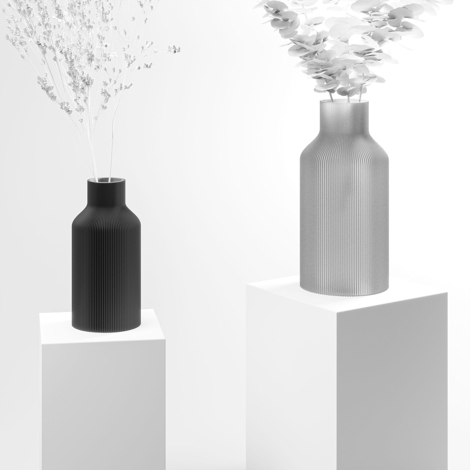 Stylische 3D Druck Vase mit feinen Rillen aus Stuttgart | 100% recyclebar | Form: Flasche | Farbe: schwarz matt klein 